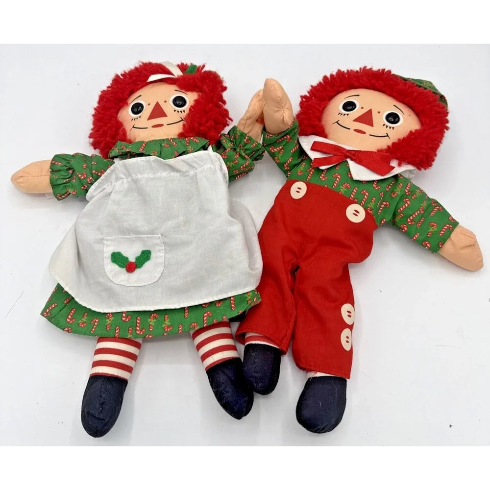 Vintage Playskool RAGGEDY ANN  & ANDY Christmas Theamed Stuffed Plush Dolls 13”